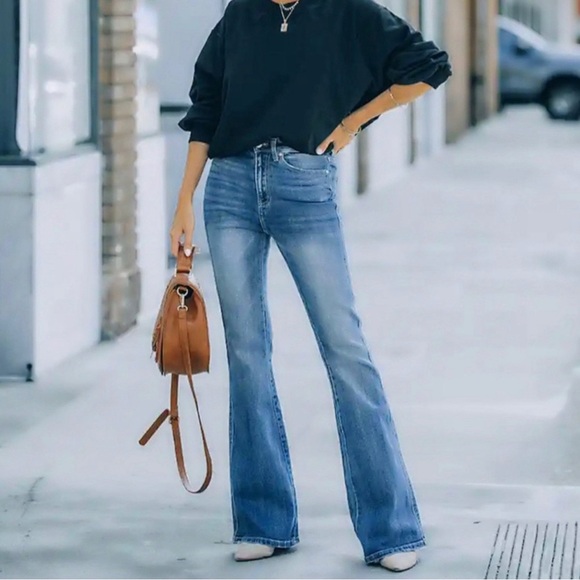 Kancan Retro High Rise Flare Bootcut Denim Jeans Medium Wash Multi Sizes BNWT - Picture 2 of 8